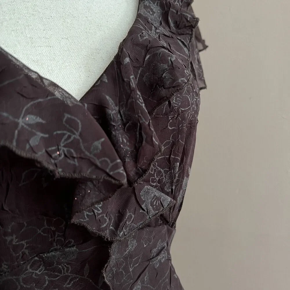 Fairy Grunge Vintage‎ CDC Brown Ruffle Midi Dress Floral Moody Whimsigoth Size 8